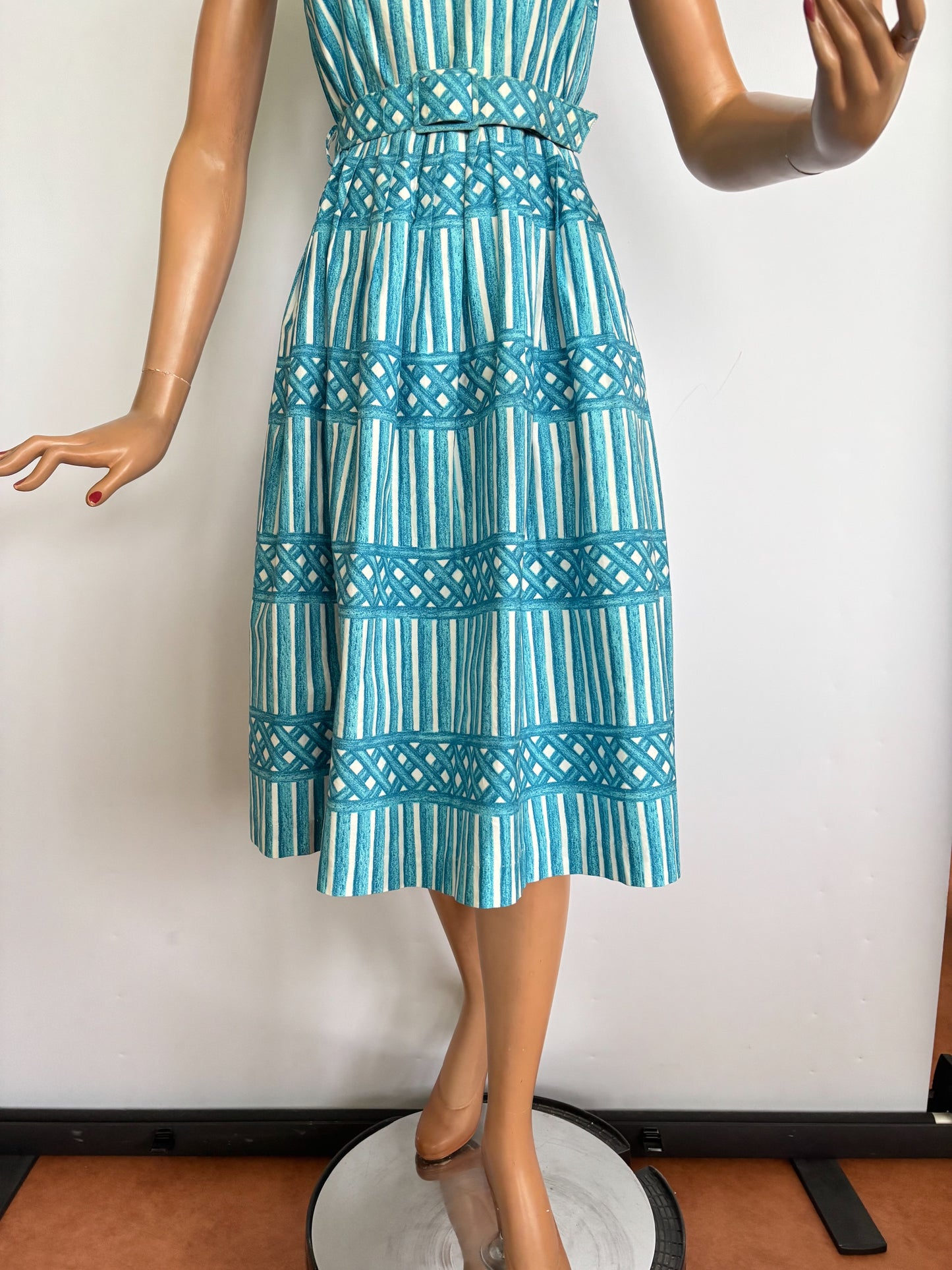 XS | 1950s Blue And White Cotton Poplin Day Dress