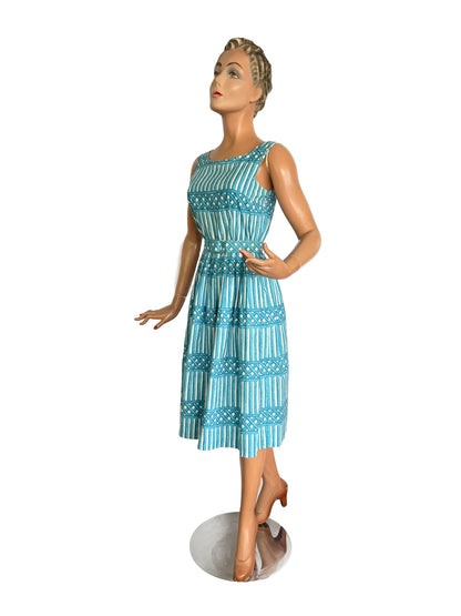 XS | 1950s Blue And White Cotton Poplin Day Dress