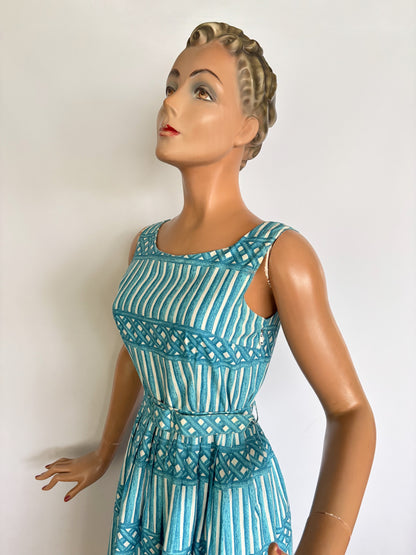 XS | 1950s Blue And White Cotton Poplin Day Dress