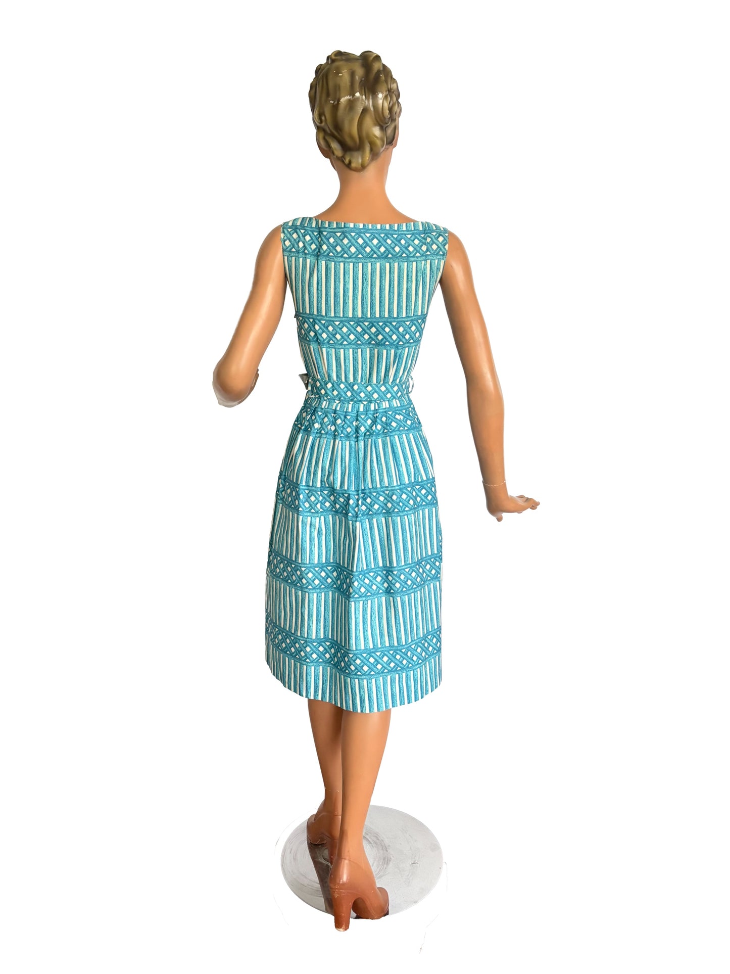 XS | 1950s Blue And White Cotton Poplin Day Dress