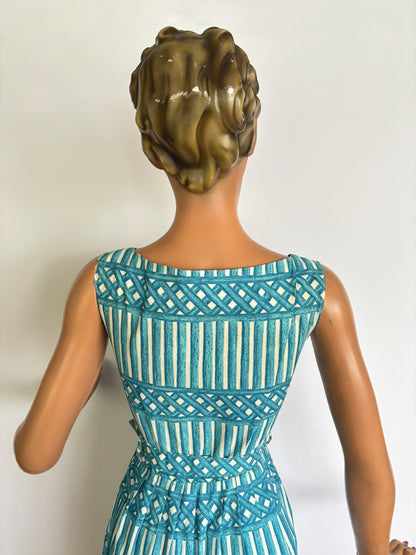 XS | 1950s Blue And White Cotton Poplin Day Dress
