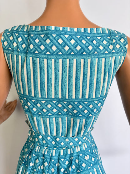XS | 1950s Blue And White Cotton Poplin Day Dress