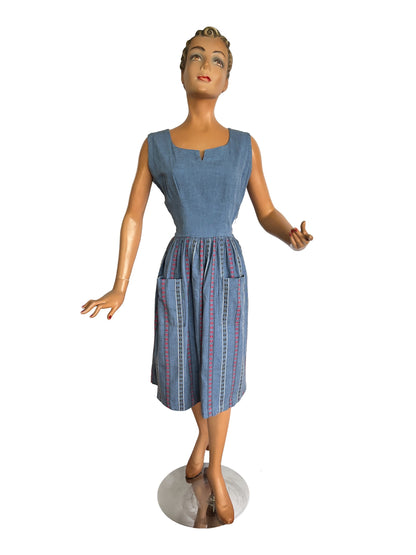 XS | 1940s/50s Blue Cotton Striped Day Dress