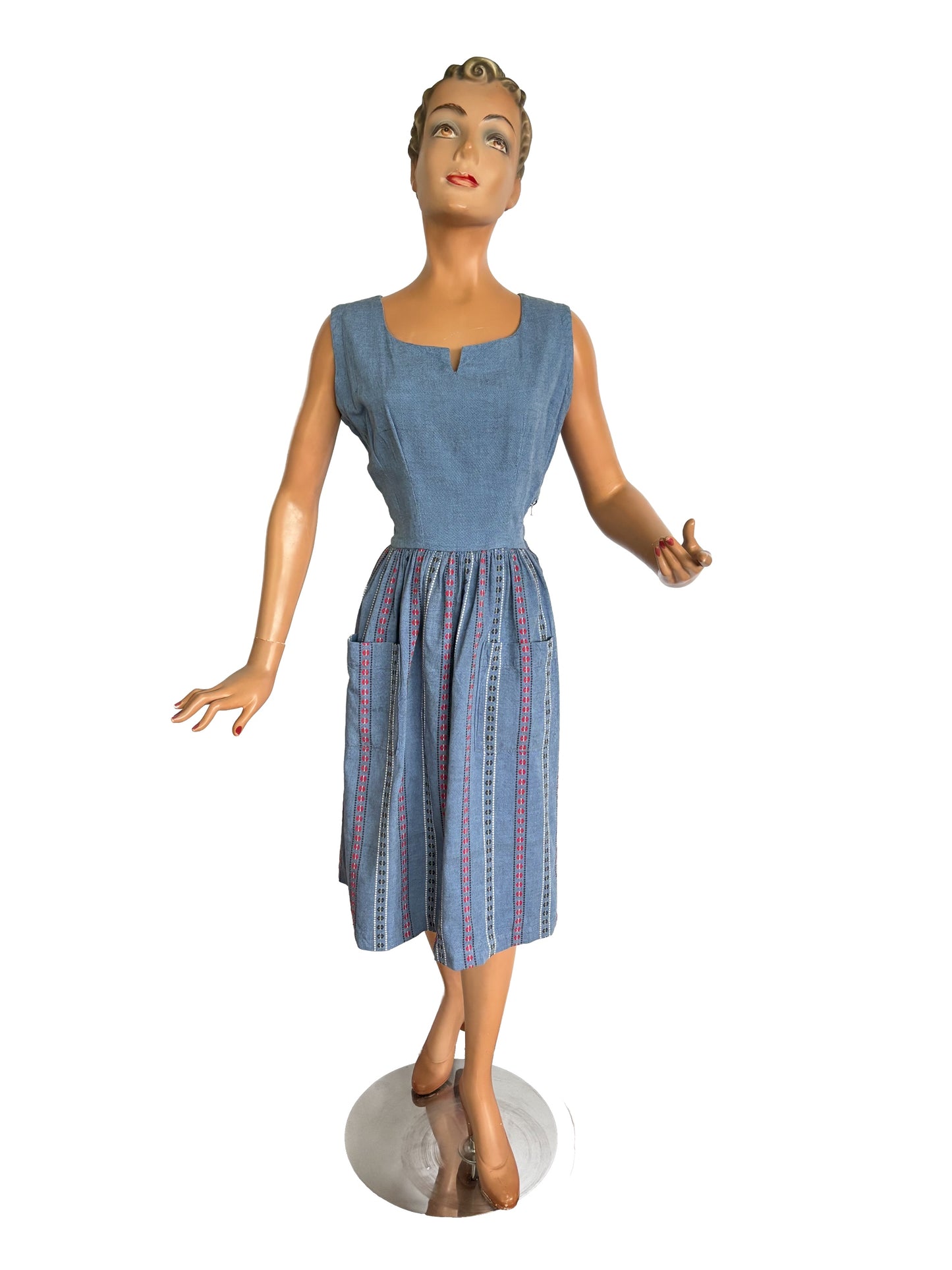 XS | 1940s/50s Blue Cotton Striped Day Dress