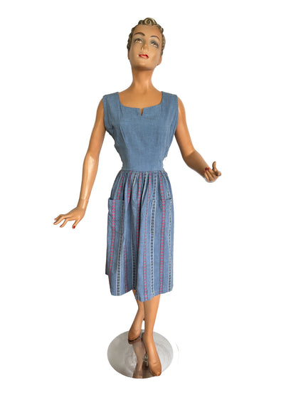 XS | 1940s/50s Blue Cotton Striped Day Dress