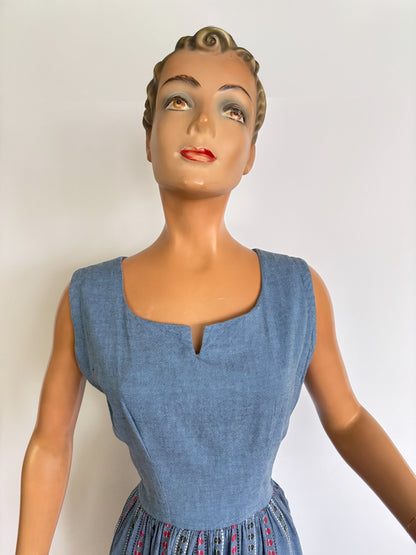 XS | 1940s/50s Blue Cotton Striped Day Dress