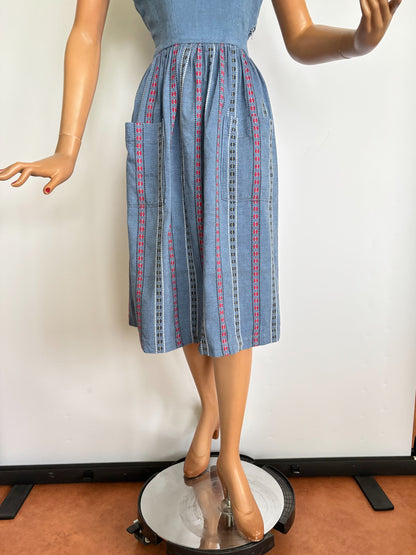XS | 1940s/50s Blue Cotton Striped Day Dress