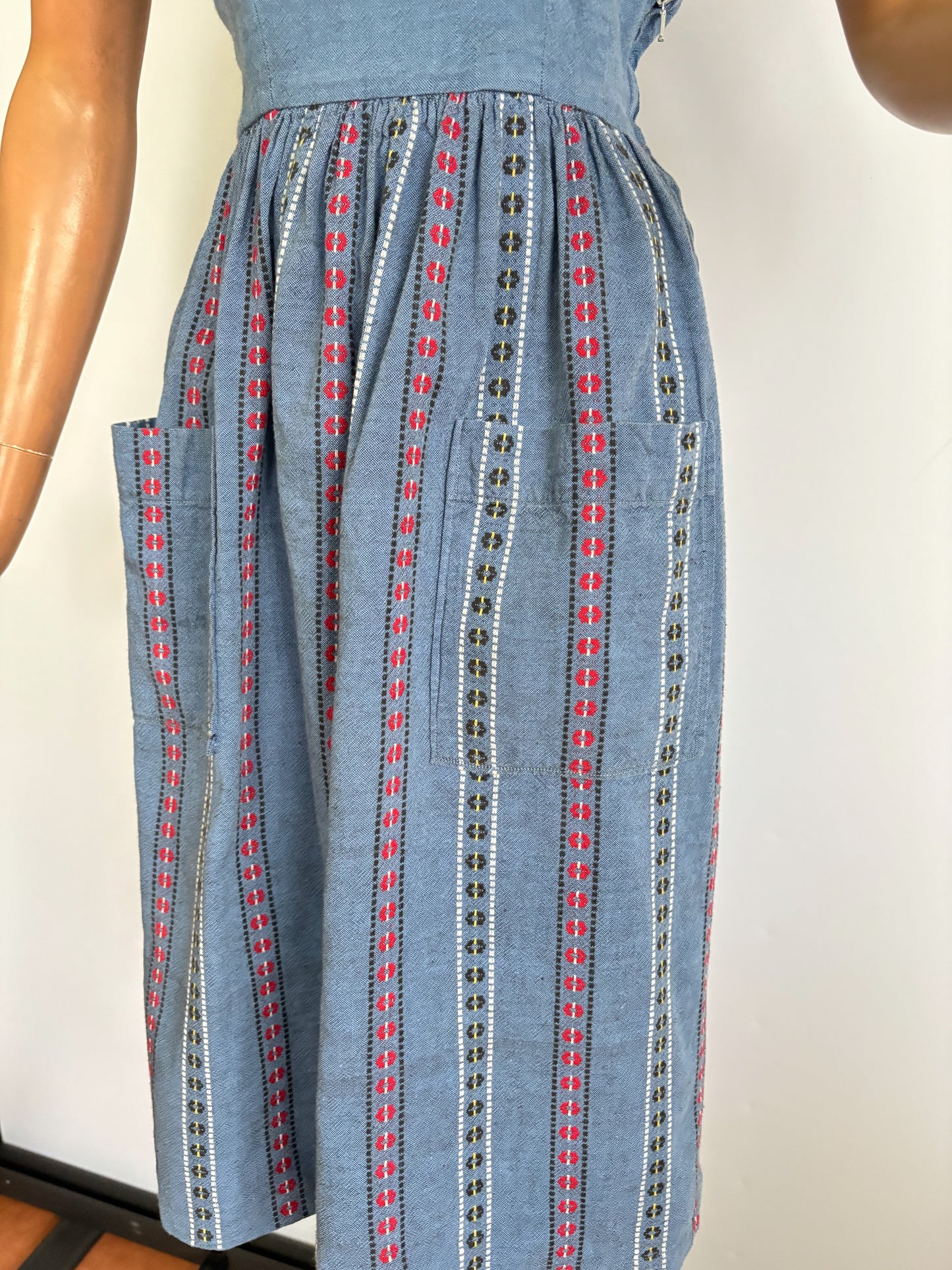XS | 1940s/50s Blue Cotton Striped Day Dress