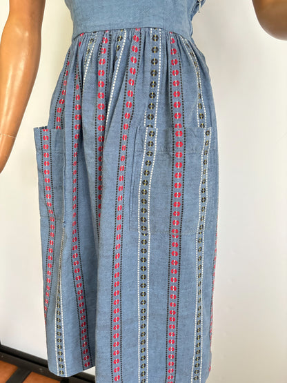 XS | 1940s/50s Blue Cotton Striped Day Dress