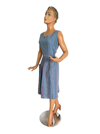 XS | 1940s/50s Blue Cotton Striped Day Dress