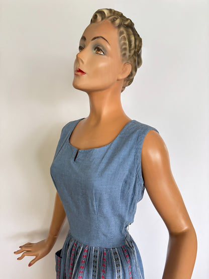 XS | 1940s/50s Blue Cotton Striped Day Dress