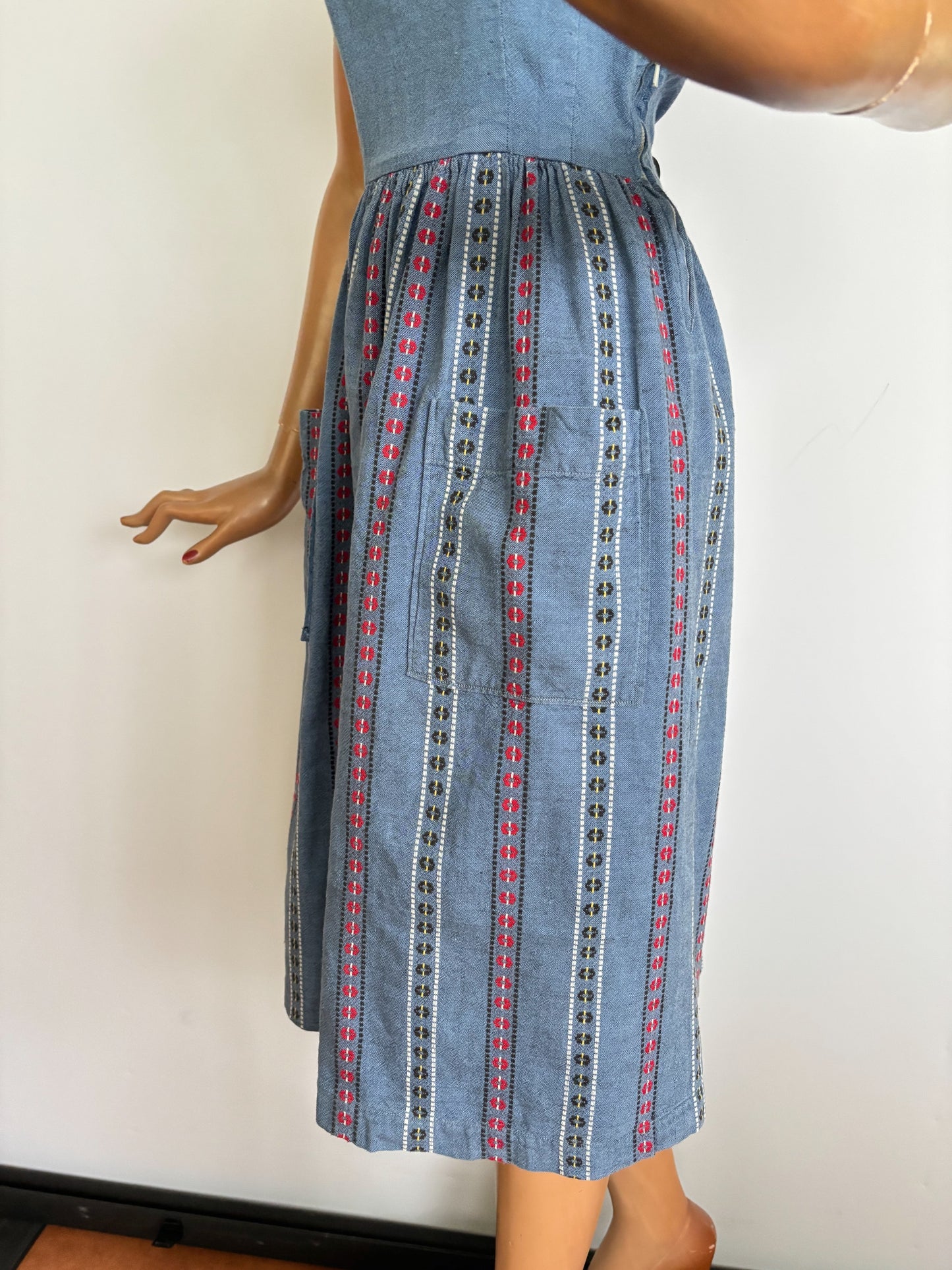 XS | 1940s/50s Blue Cotton Striped Day Dress