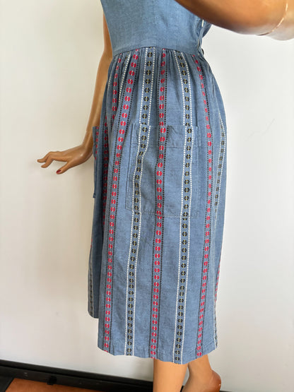 XS | 1940s/50s Blue Cotton Striped Day Dress