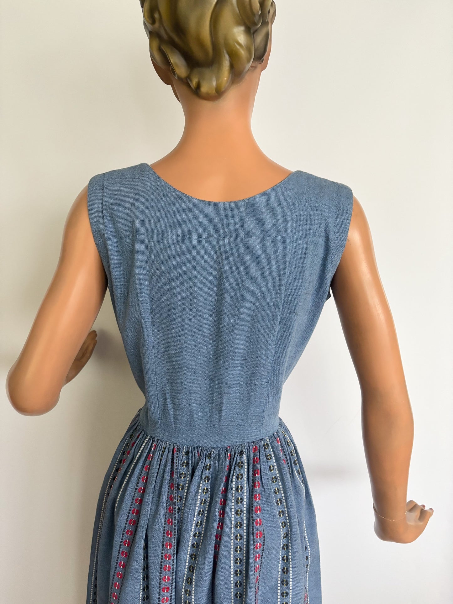 XS | 1940s/50s Blue Cotton Striped Day Dress