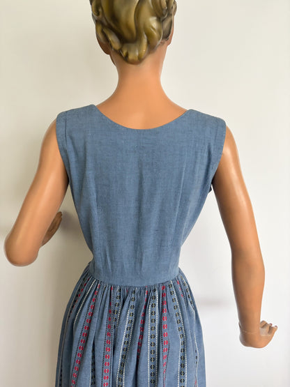 XS | 1940s/50s Blue Cotton Striped Day Dress