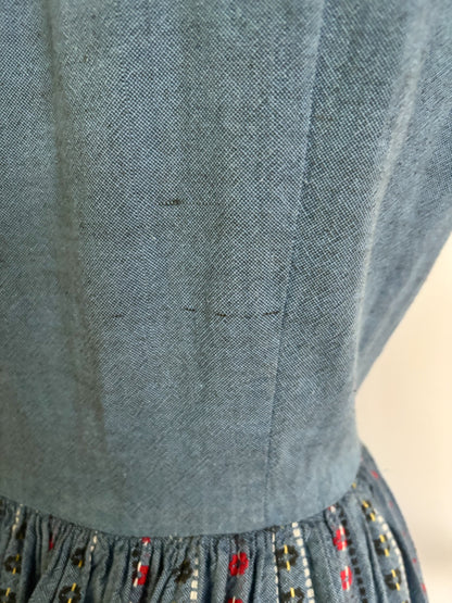 XS | 1940s/50s Blue Cotton Striped Day Dress