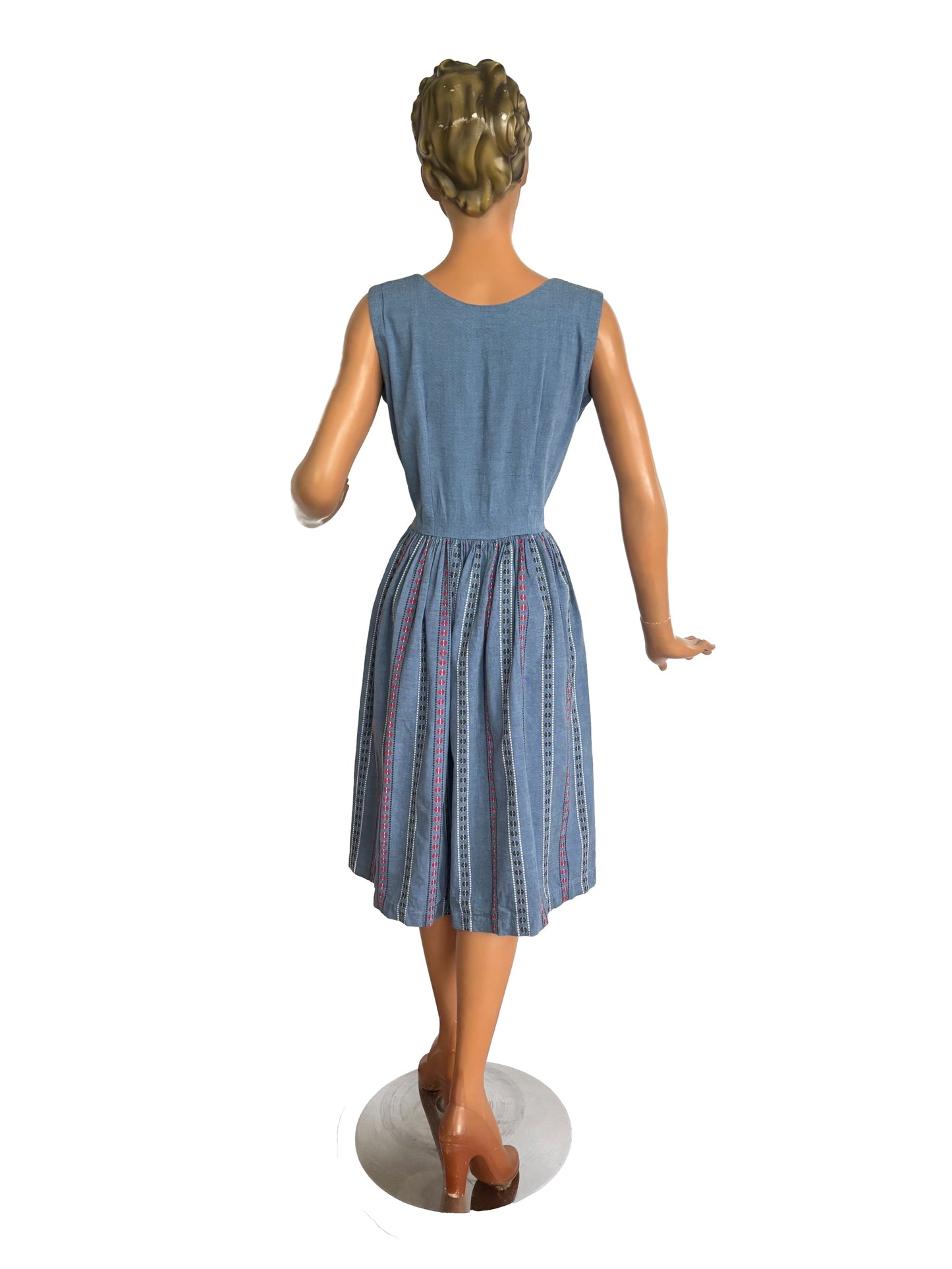 XS | 1940s/50s Blue Cotton Striped Day Dress