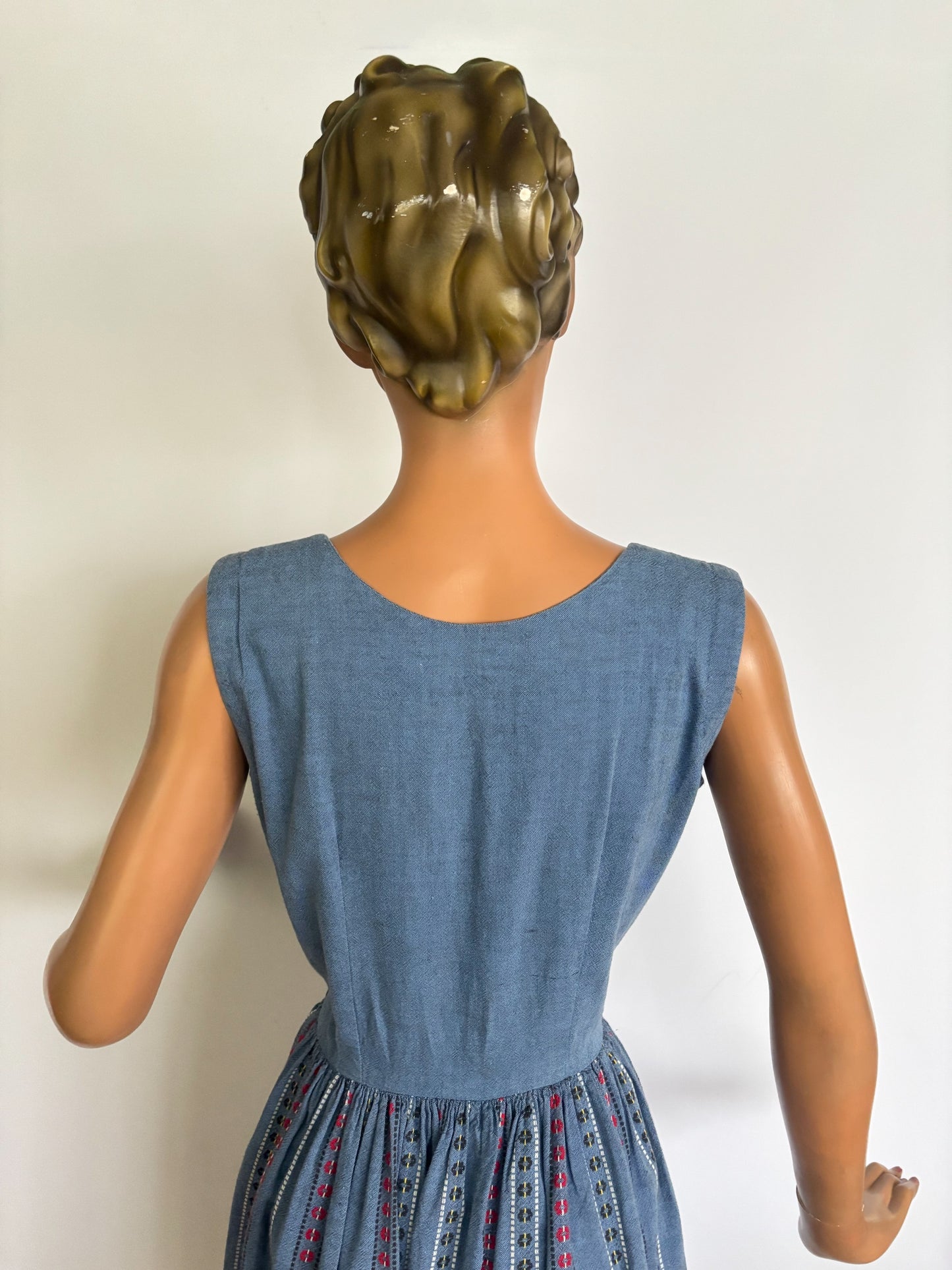 XS | 1940s/50s Blue Cotton Striped Day Dress