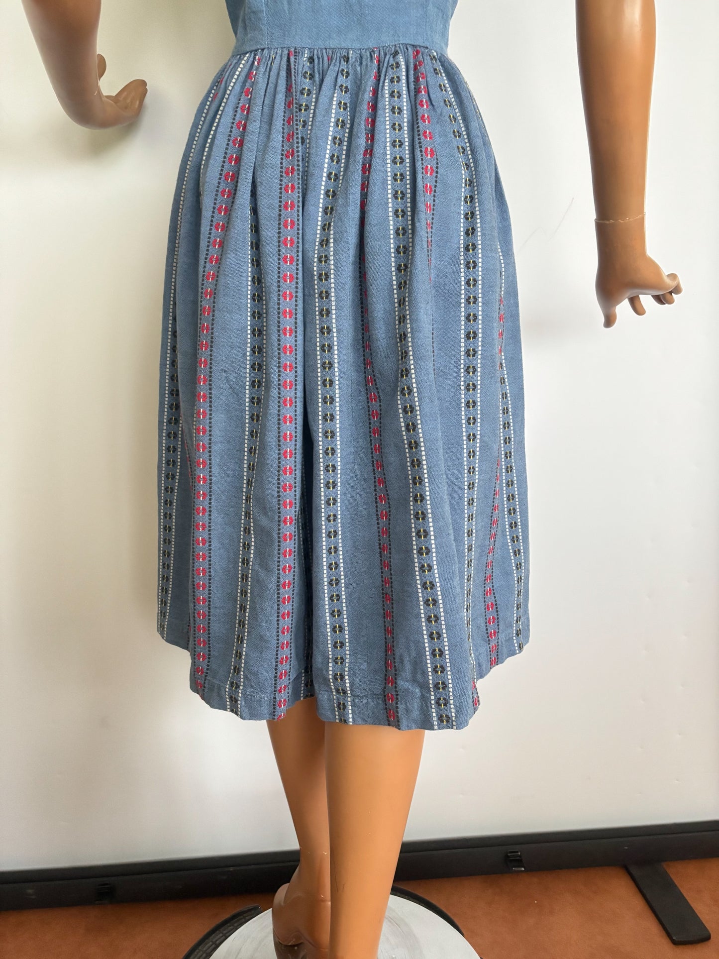 XS | 1940s/50s Blue Cotton Striped Day Dress
