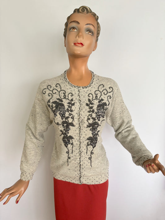S | 1950s/60s Beaded Wool Cardigan Hong Kong