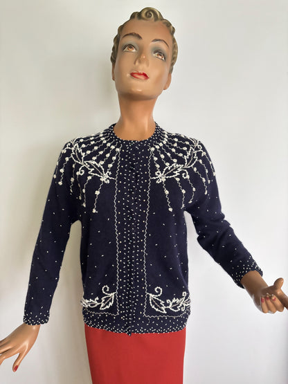 M | 1950s/60s Beaded Lambswool Cardigan Hong Kong
