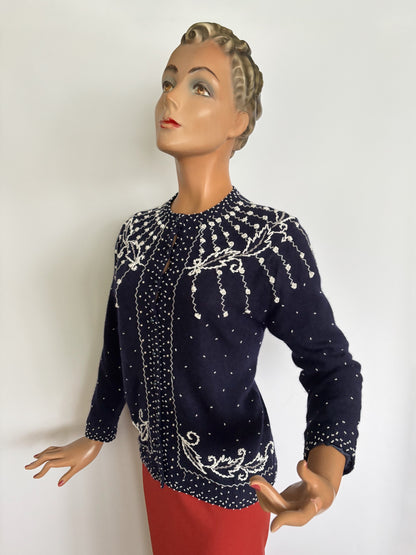 M | 1950s/60s Beaded Lambswool Cardigan Hong Kong