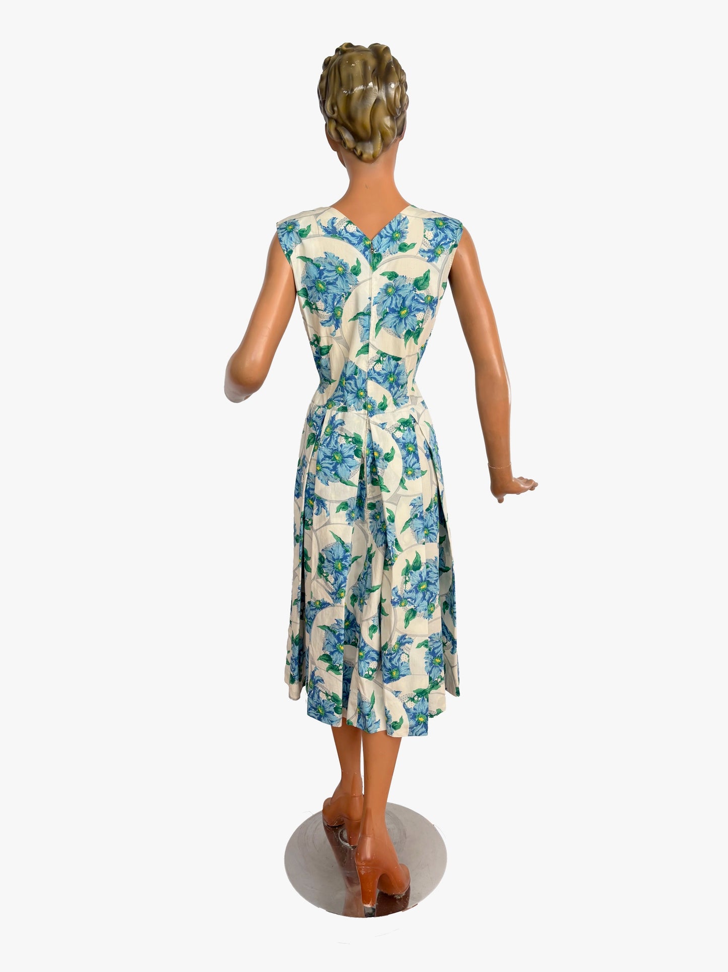 XS/S | 1950s/60s Blue Floral Cotton Dress
