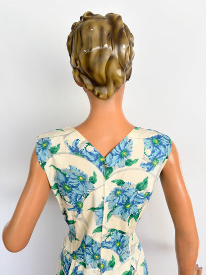 XS/S | 1950s/60s Blue Floral Cotton Dress