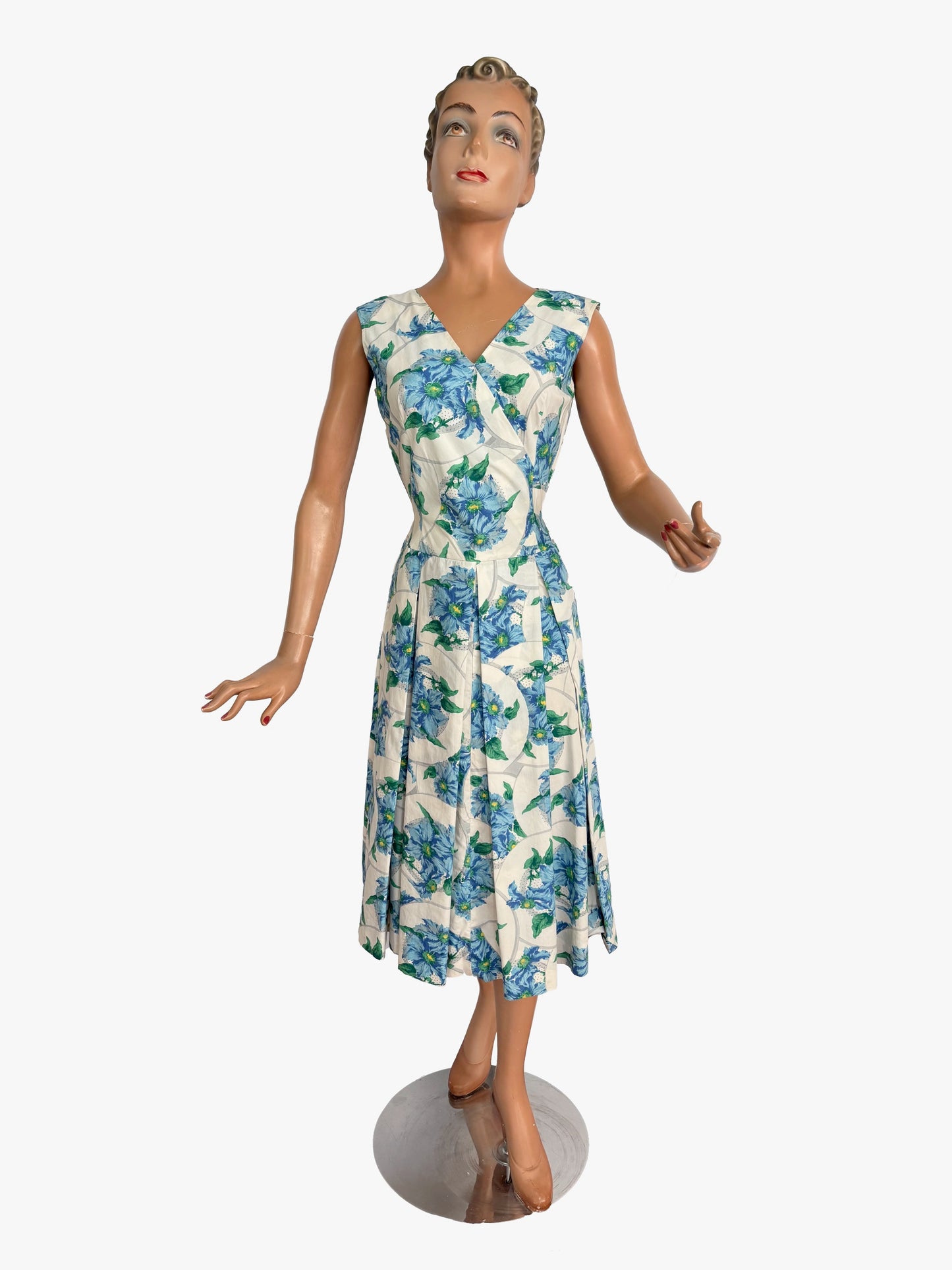 XS/S | 1950s/60s Blue Floral Cotton Dress