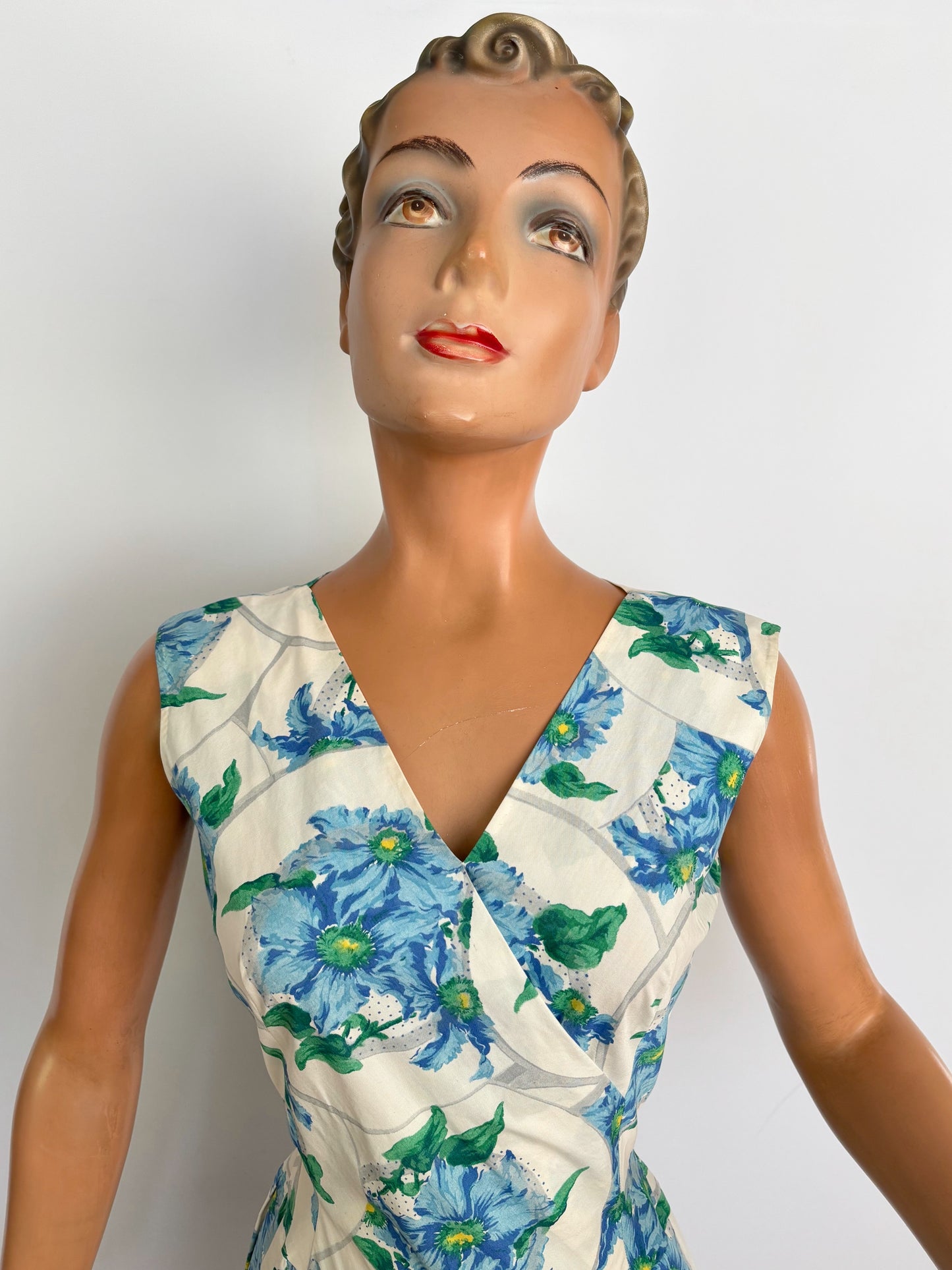 XS/S | 1950s/60s Blue Floral Cotton Dress