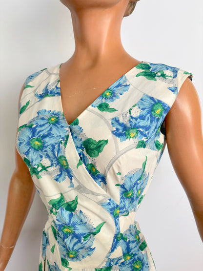 XS/S | 1950s/60s Blue Floral Cotton Dress