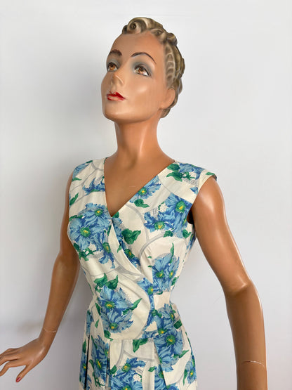 XS/S | 1950s/60s Blue Floral Cotton Dress