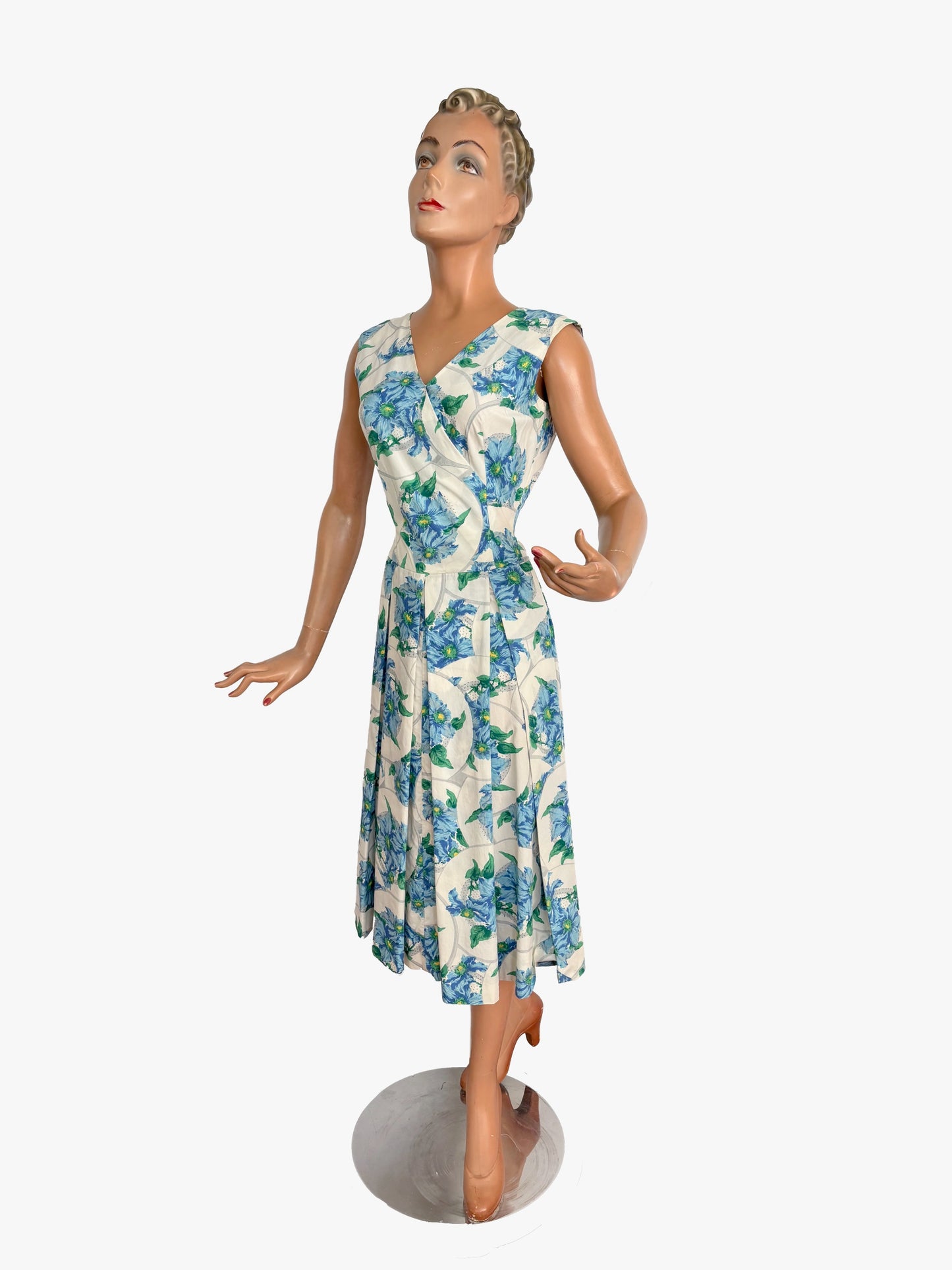 XS/S | 1950s/60s Blue Floral Cotton Dress