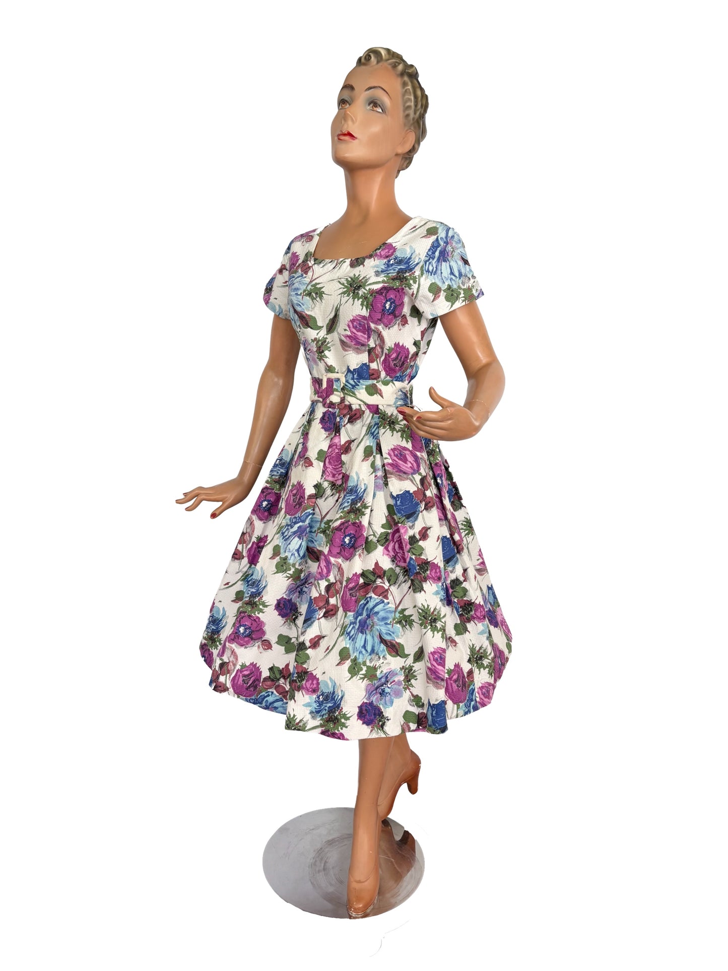 M | 1950s/60s Floral Waffle Cotton Dress