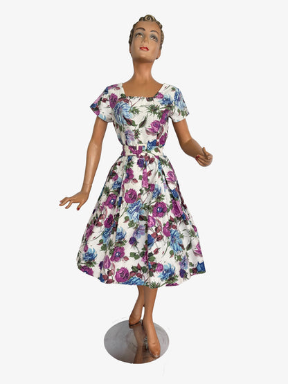 M | 1950s/60s Floral Waffle Cotton Dress