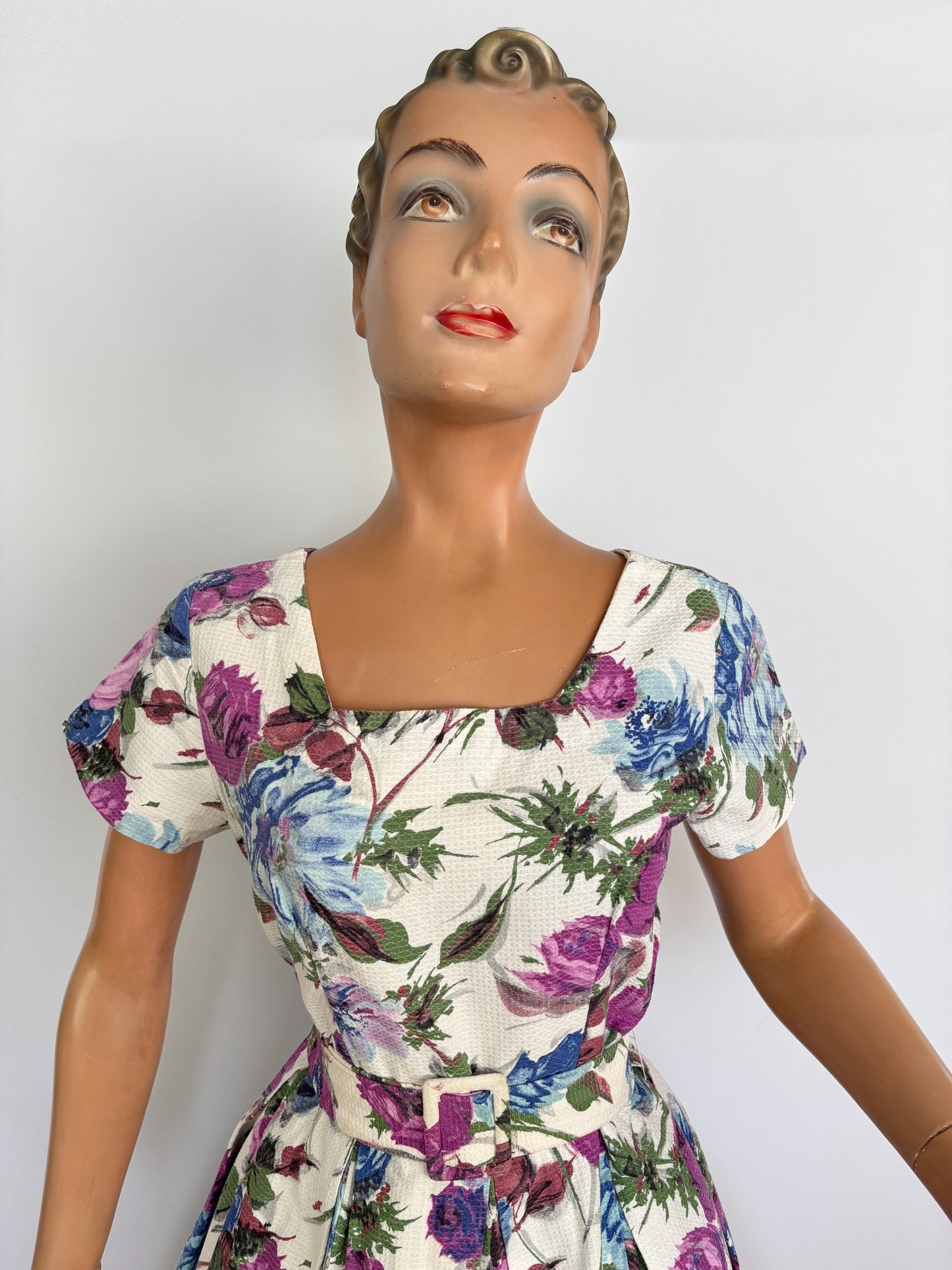 M | 1950s/60s Floral Waffle Cotton Dress
