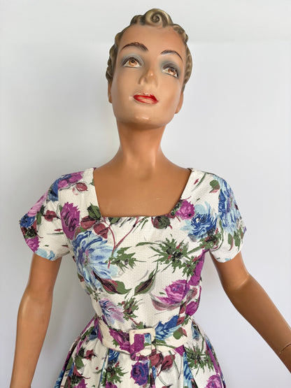 M | 1950s/60s Floral Waffle Cotton Dress