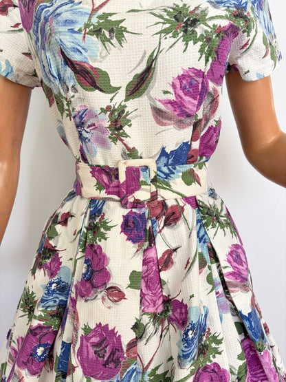 M | 1950s/60s Floral Waffle Cotton Dress