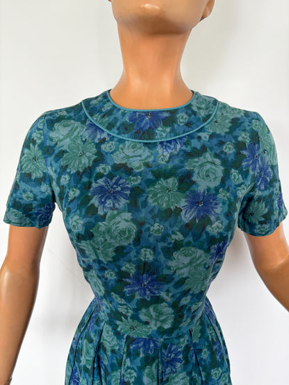1950s/60s Blue Flowers Dress | XSmall