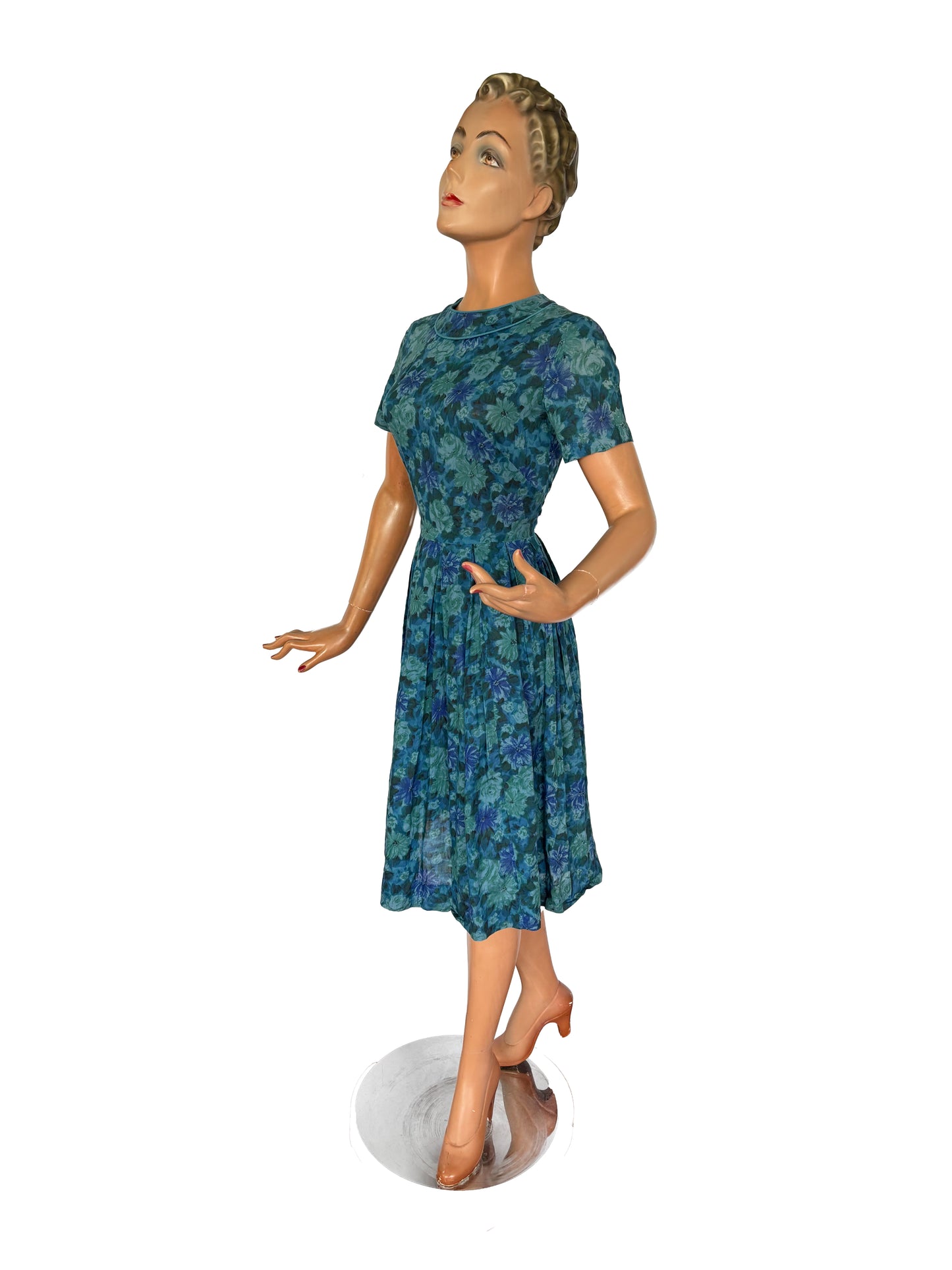 1950s/60s Blue Flowers Dress | XSmall