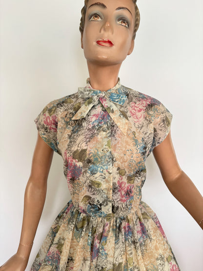 XS | 1950s Floral Organza Dress