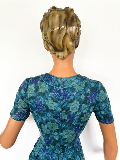 1950s/60s Blue Flowers Dress | XSmall