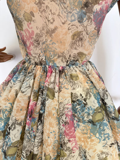XS | 1950s Floral Organza Dress