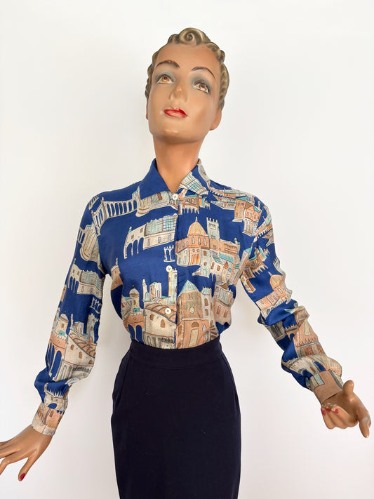 L | 1940s/50s Casa Della Moda Florence Novelty Print Silk Blouse