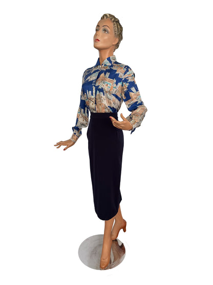 L | 1940s/50s Casa Della Moda Florence Novelty Print Silk Blouse