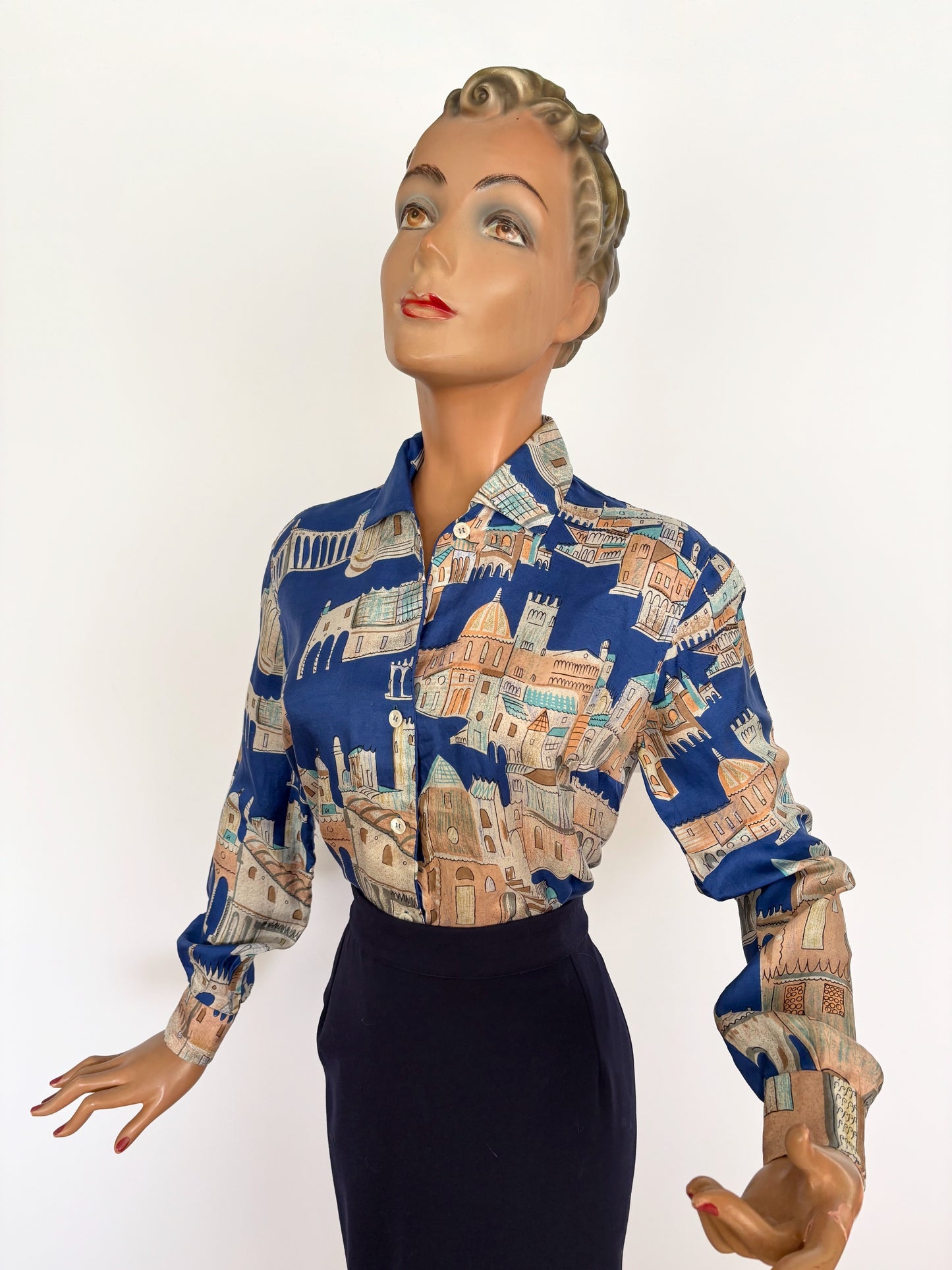 L | 1940s/50s Casa Della Moda Florence Novelty Print Silk Blouse