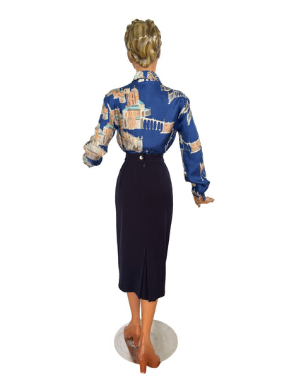 L | 1940s/50s Casa Della Moda Florence Novelty Print Silk Blouse