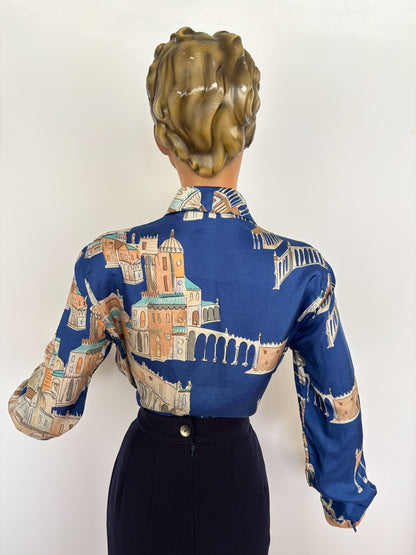 L | 1940s/50s Casa Della Moda Florence Novelty Print Silk Blouse