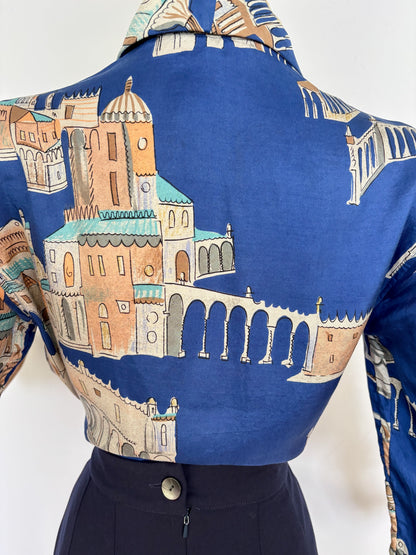L | 1940s/50s Casa Della Moda Florence Novelty Print Silk Blouse