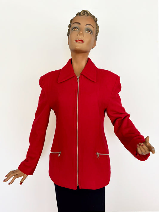 M/L | 1980s Red Wool Zip Jacket Made In Italy